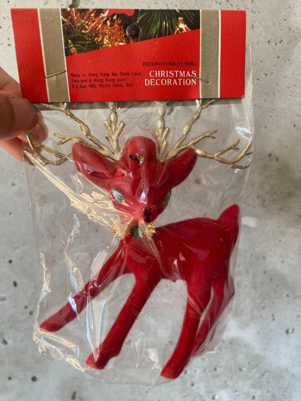 Vintage Santa Land Red Flocked Reindeer Christmas Decoration